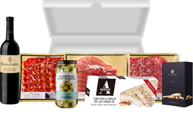Coffret Bellota : chorizo, saucisson, épaule de Bellota, olives goût anchois, Picos, turron et vin rouge Mayor de Castilla